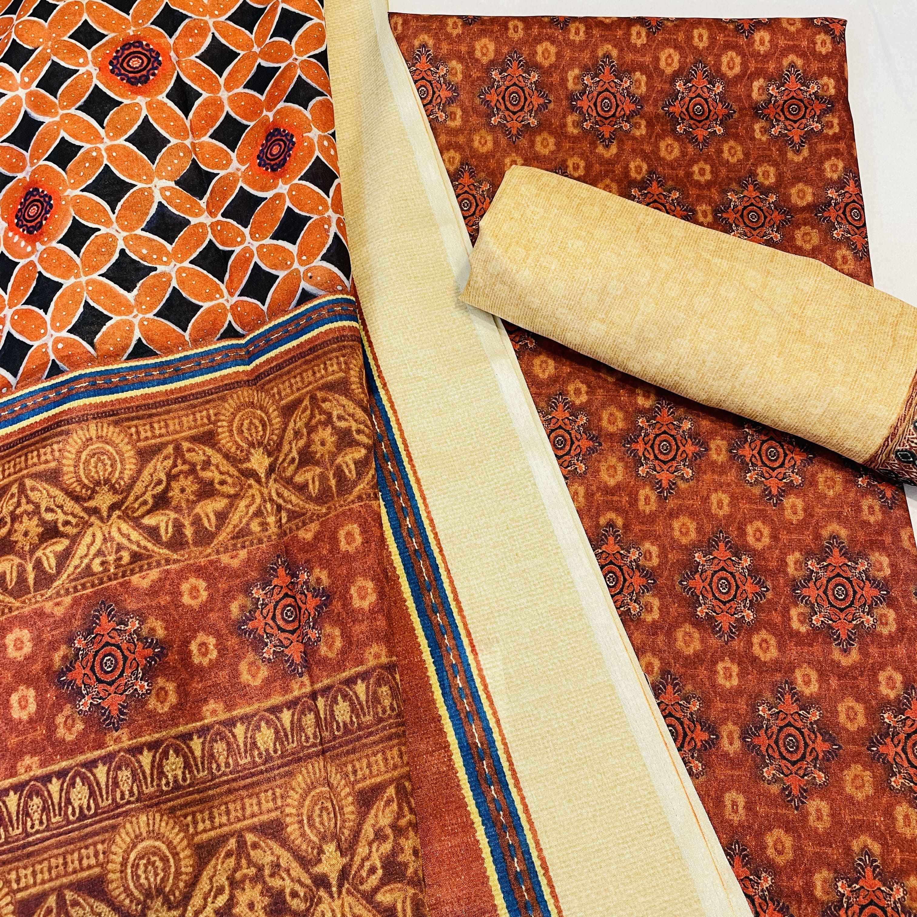 Ajrakh Cotton Dress Material with Applique work Dupatta – RKG SHOPPING