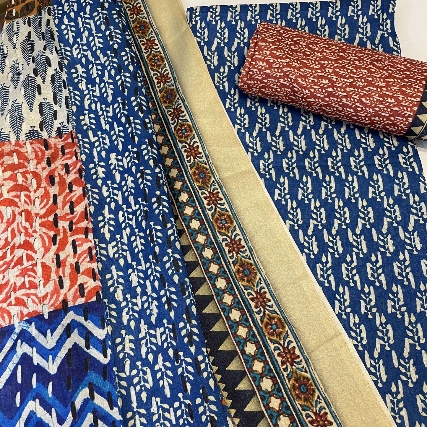 Buy Classic Blue Brown Ajrakh Print Manipuri Silk Suit Set With Dupatta ...