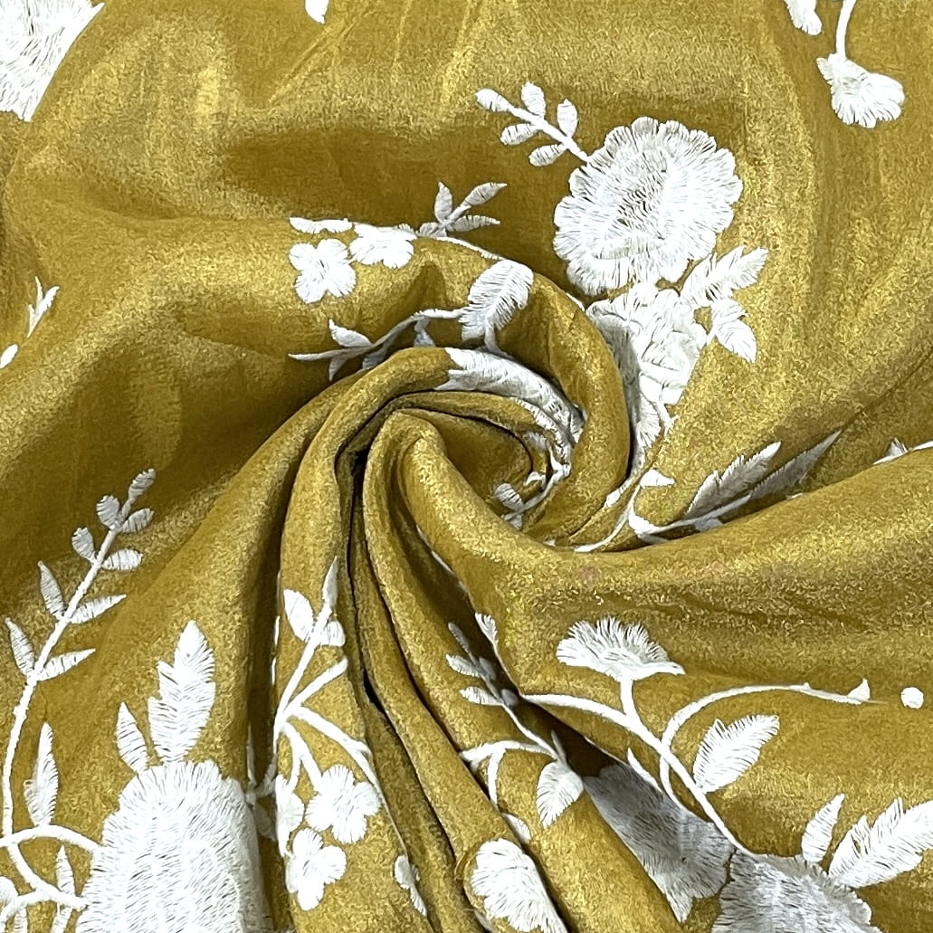 Daffodil Yellow Color Organza Fabric With Floral Emboridery