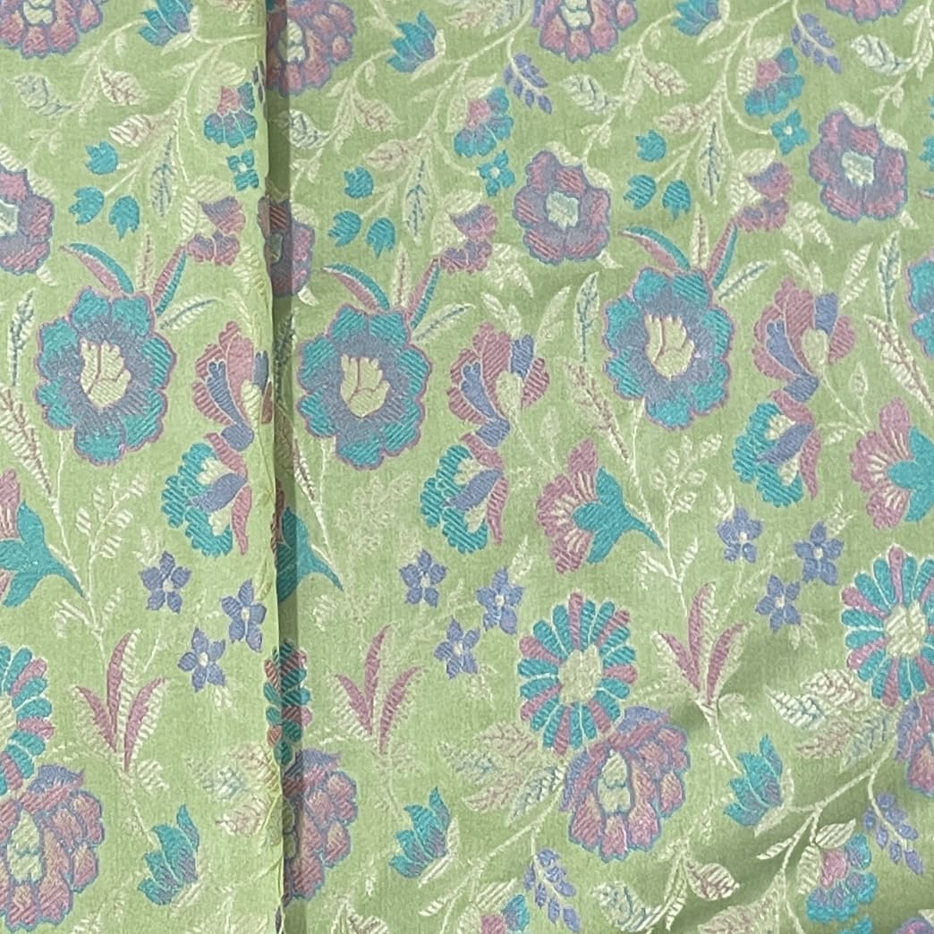 Premium Light Green Traditional Floral Print Tanchui Jamewar Silk Fabric