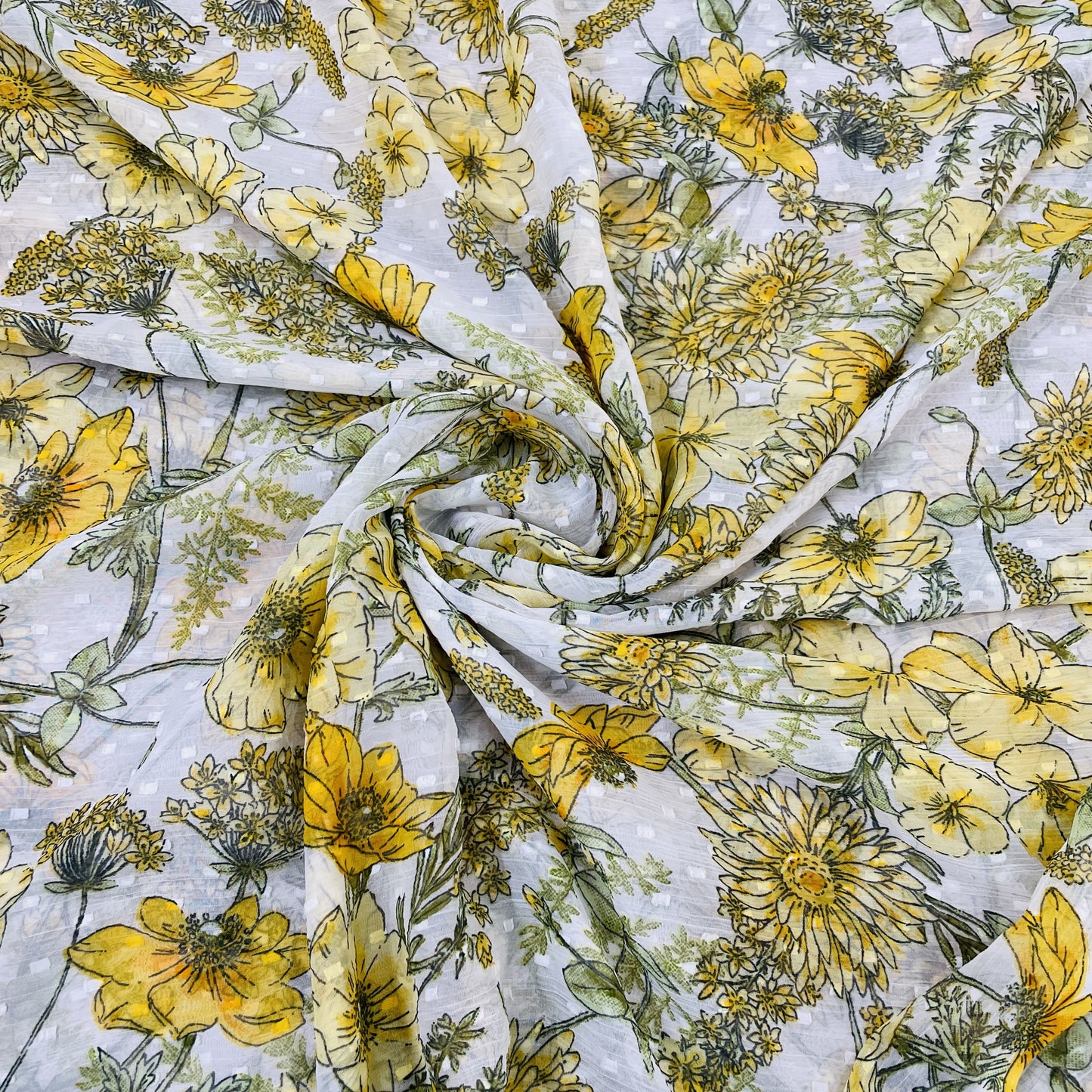 Premium White & Green Floral Dobby Print Chiffon Fabric