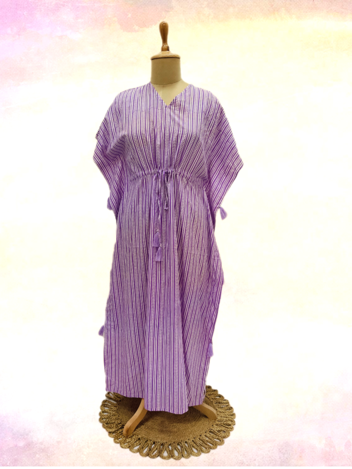 White & Purple Stripe Print Kaftan - TradeUNO
