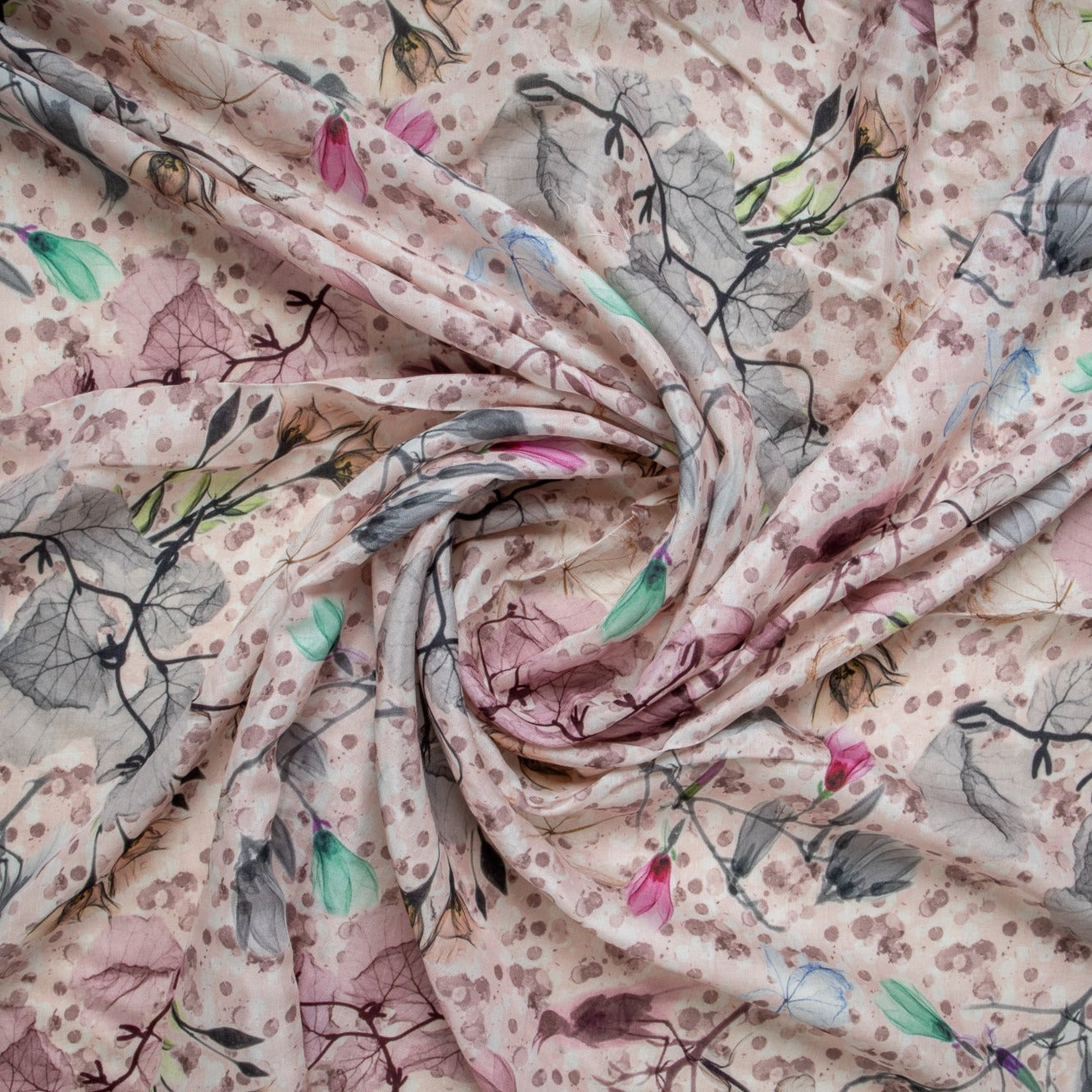 Peach Floral Print Russian Silk Fabric Trade UNO