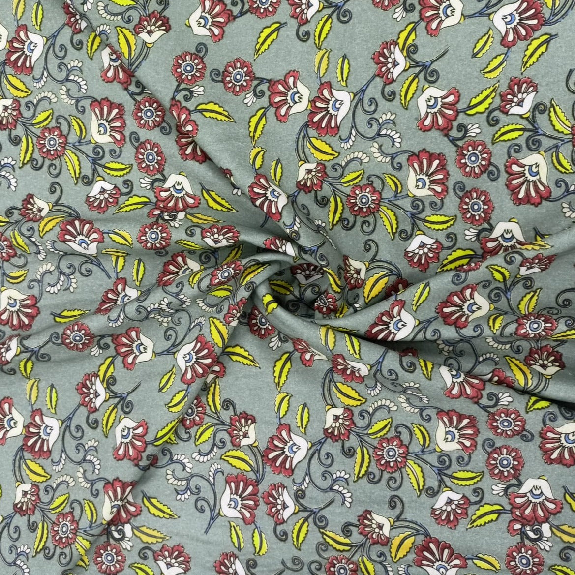 Grey Floral Madhubani Print Viscose Fabric Trade UNO