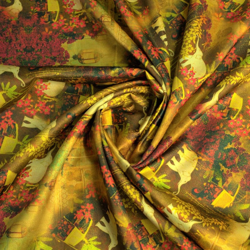 Buy Golden Foil Print Shimmer Knitted Lycra Fabric Online – TradeUNO Fabrics