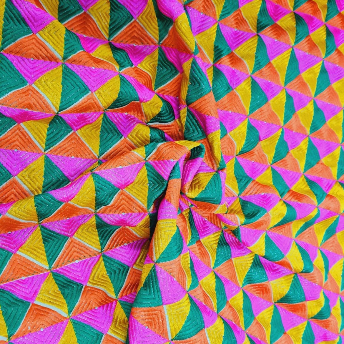 Multicolor Phulkari Embroidery Dupion Silk Fabric Trade UNO