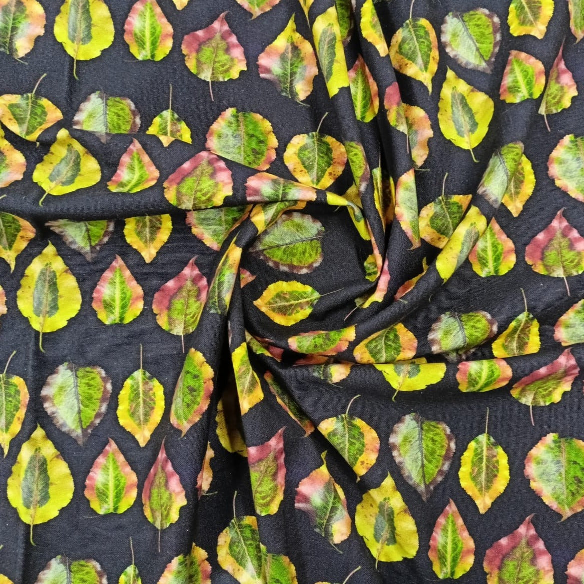 Black & yellow Leaf Print Cotton Linen Fabric Trade UNO