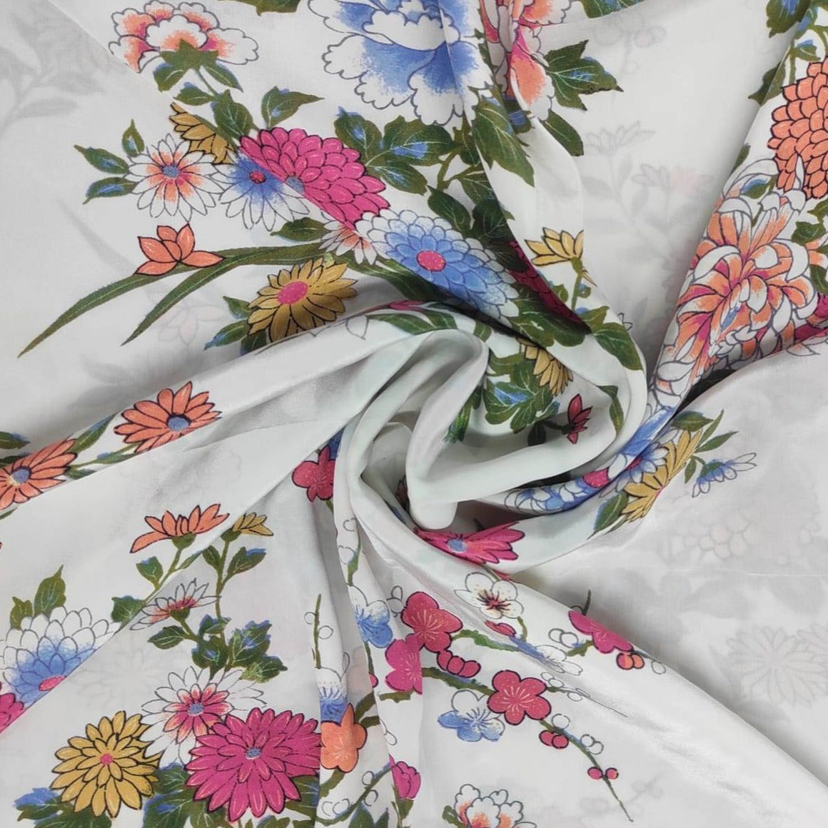 White Floral Crepe Fabric Trade UNO