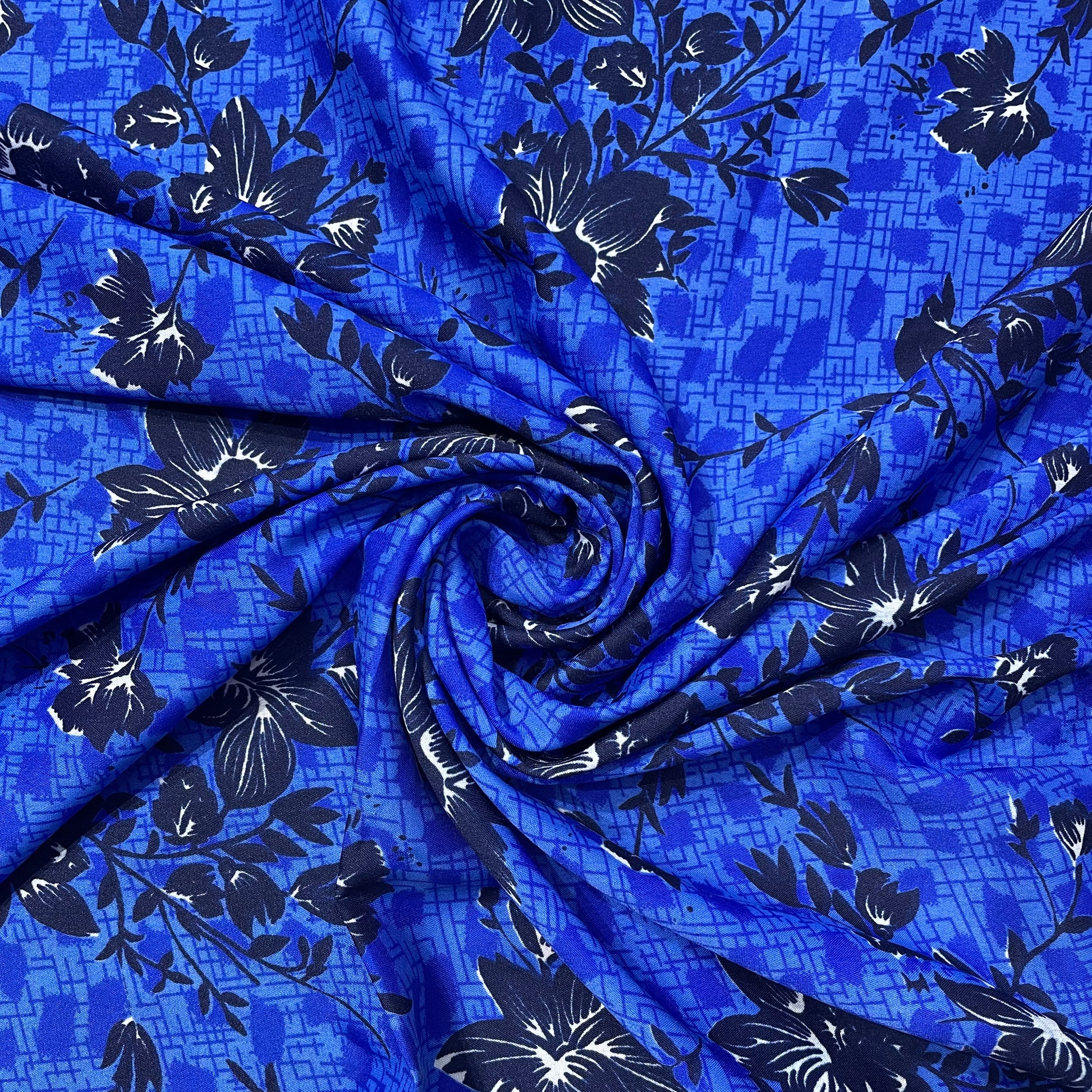 Blue With Navy Blue Floral Crepe Fabric - TradeUNO