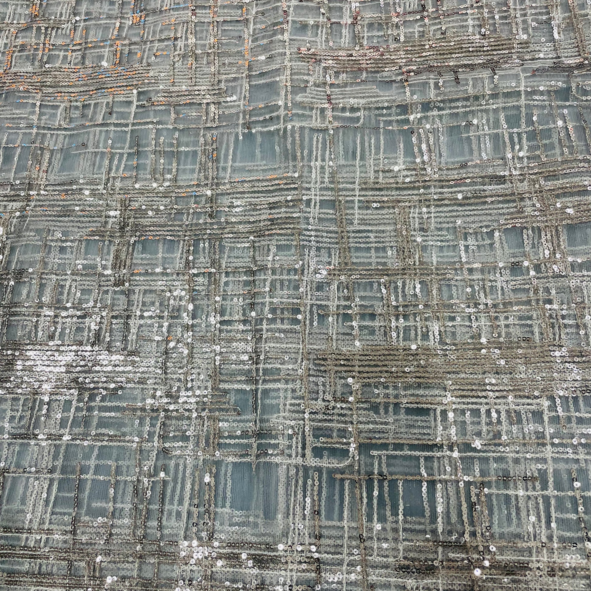 Grey Checks Sequence Embroidery Net Fabric - TradeUNO